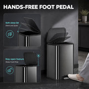 Homcom kitchen bin's hands-free foot pedal with soft-close and stay-open lid features shown