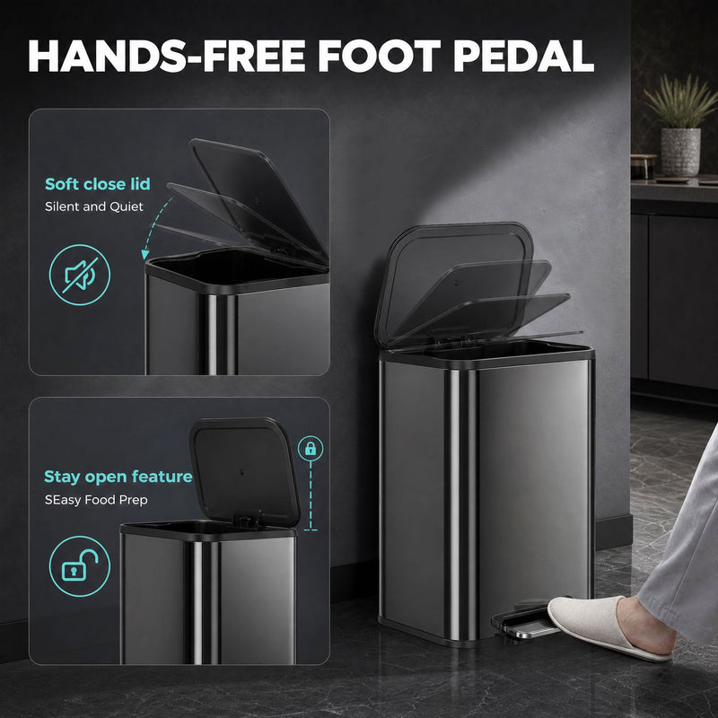 Homcom kitchen bin's hands-free foot pedal with soft-close and stay-open lid features shown