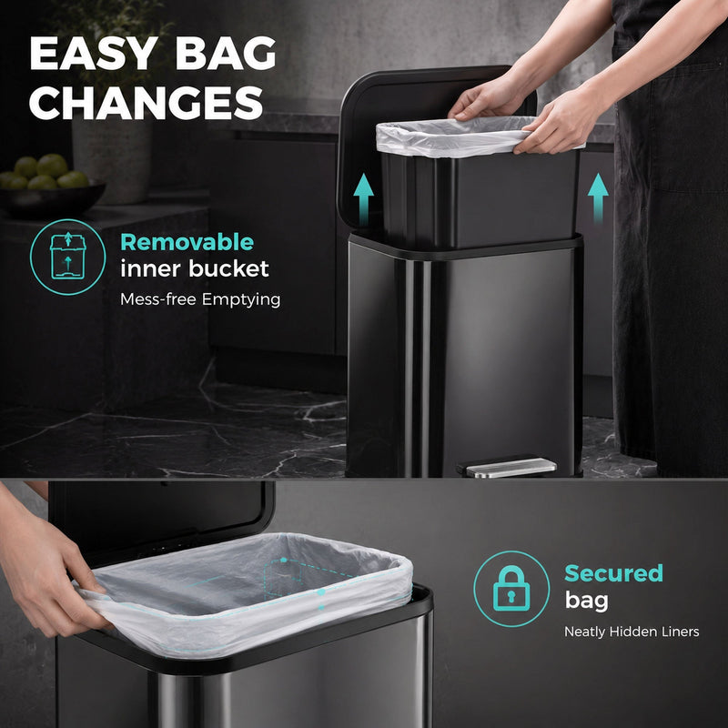 Removable inner bucket and secured bin bag on the Homcom kitchen pedal bin