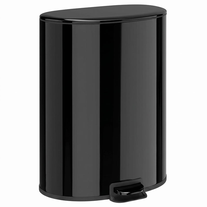 Black 50L kitchen pedal bin with foot pedal on a white background
