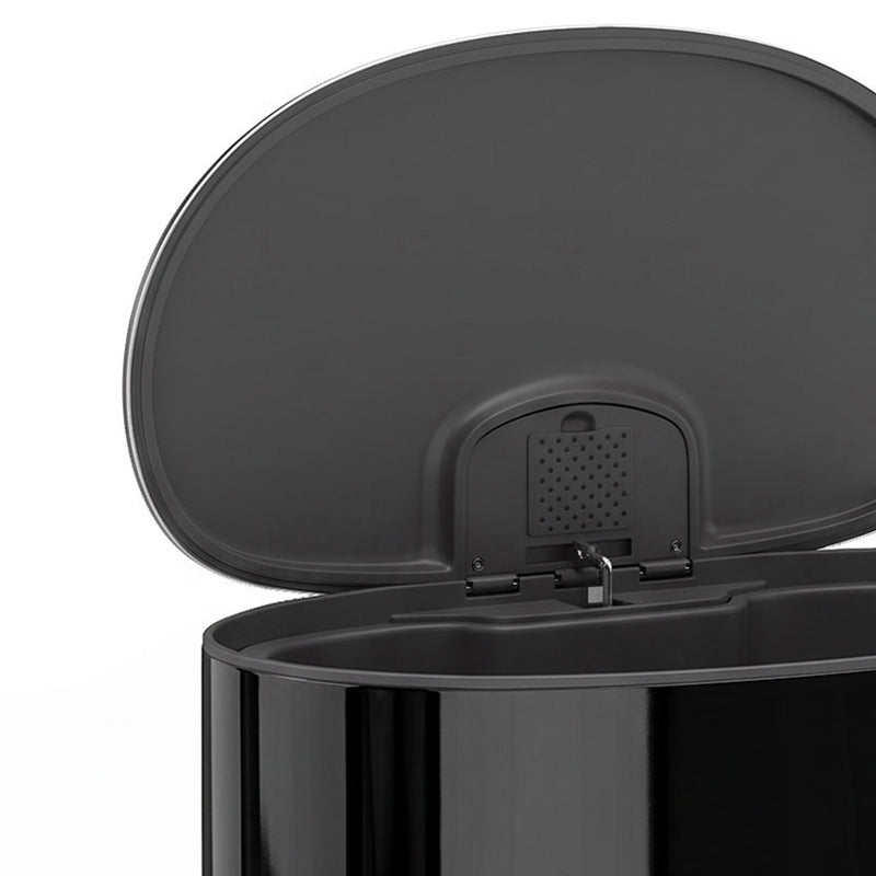 Close-up of the open lid with the deodoriser compartment on the black pedal bin