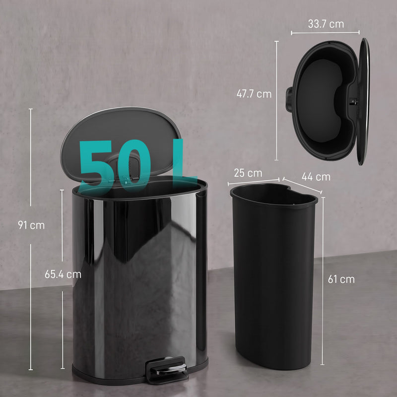 Dimensions diagram of the 50L pedal bin showing overall, lid-open and inner bucket sizes