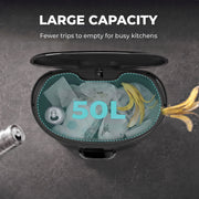 Top view of the open 50L pedal bin with large capacity call-out