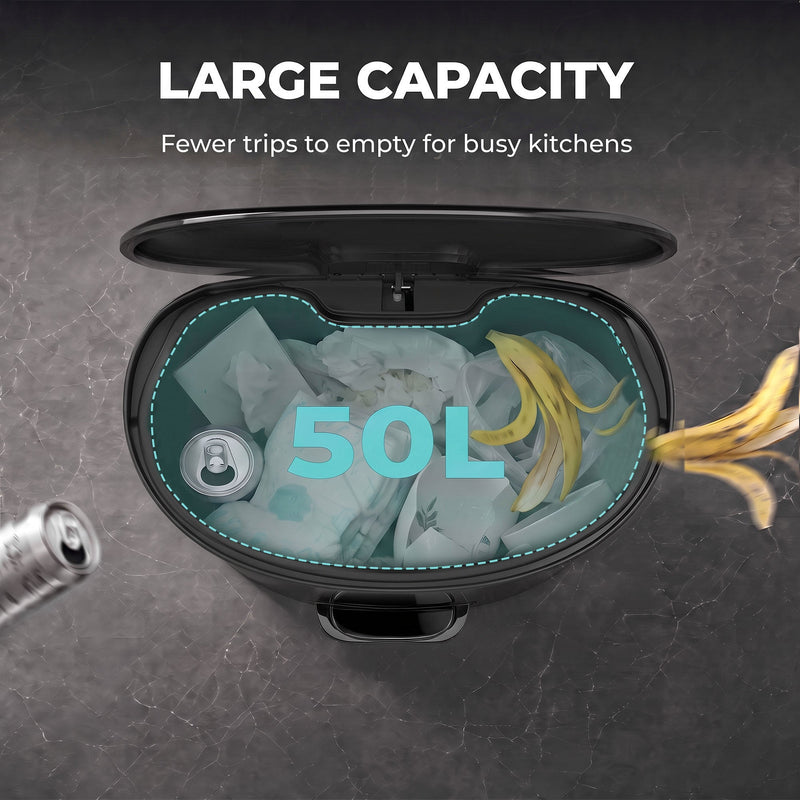 Top view of the open 50L pedal bin with large capacity call-out