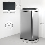 Dimension diagram showing the sensor bin at 35.5 x 26 x 67 cm with a 30.8 x 16.3 cm lid opening