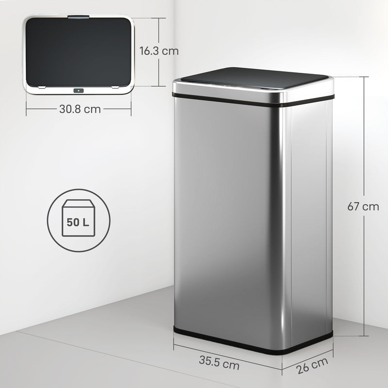 Dimension diagram showing the sensor bin at 35.5 x 26 x 67 cm with a 30.8 x 16.3 cm lid opening