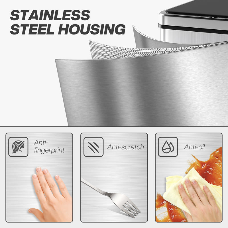 Close-up of the brushed stainless steel finish with anti-fingerprint, anti-scratch and anti-oil icons