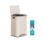 Cream steel kitchen bin with lid open beside a pack of compatible bin bags