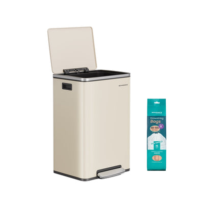 Cream steel kitchen bin with lid open beside a pack of compatible bin bags