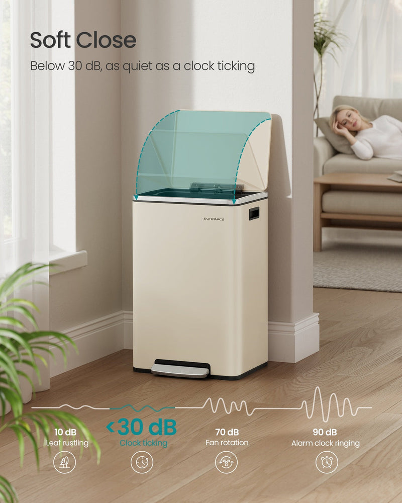 Soft close lid feature graphic showing noise level below 30 decibels