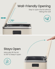 Wall-friendly lid opening at 75 degrees and manual lock-open at 90 degrees