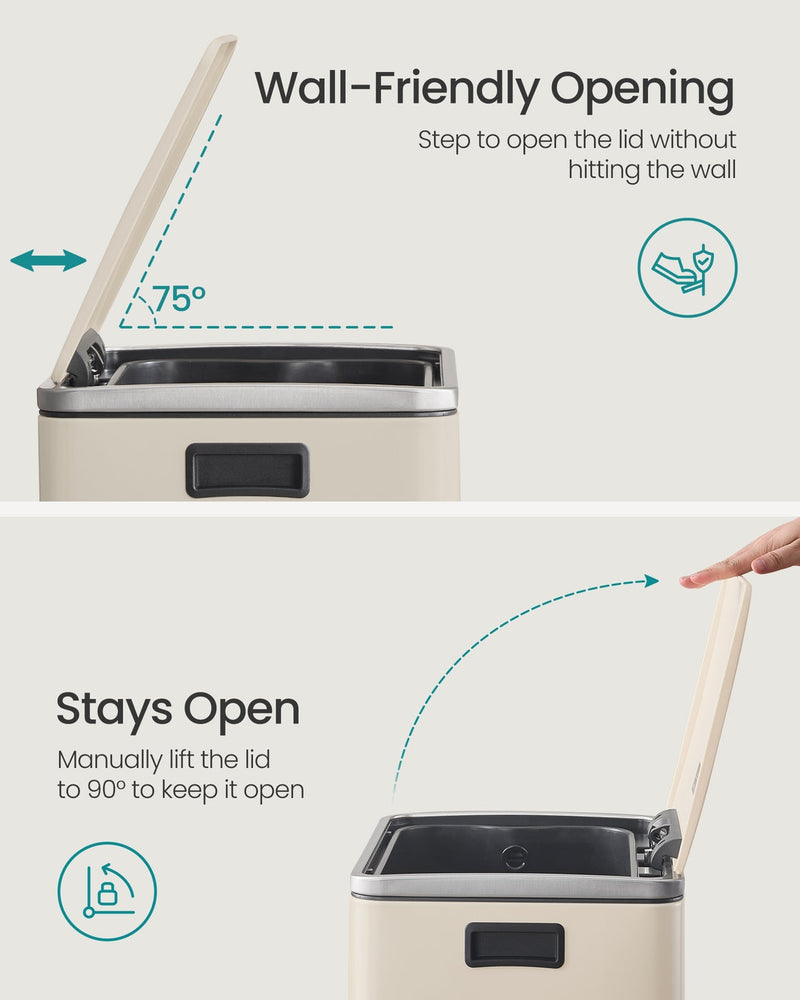Wall-friendly lid opening at 75 degrees and manual lock-open at 90 degrees