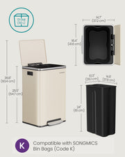 Full dimensions diagram of outer bin and removable inner bucket with capacity