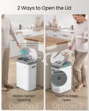 Diagram showing the two ways to open the lid: motion sensor within 25cm or the touch button