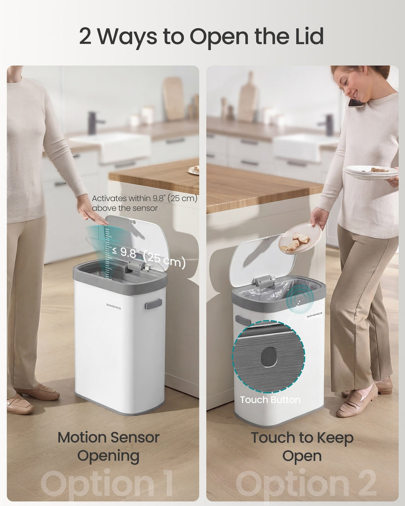 Diagram showing the two ways to open the lid: motion sensor within 25cm or the touch button