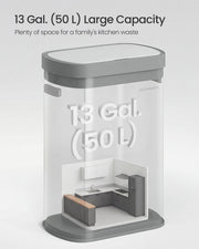 Illustration showing the 50-litre, 13-gallon capacity of the bin against a kitchen scene