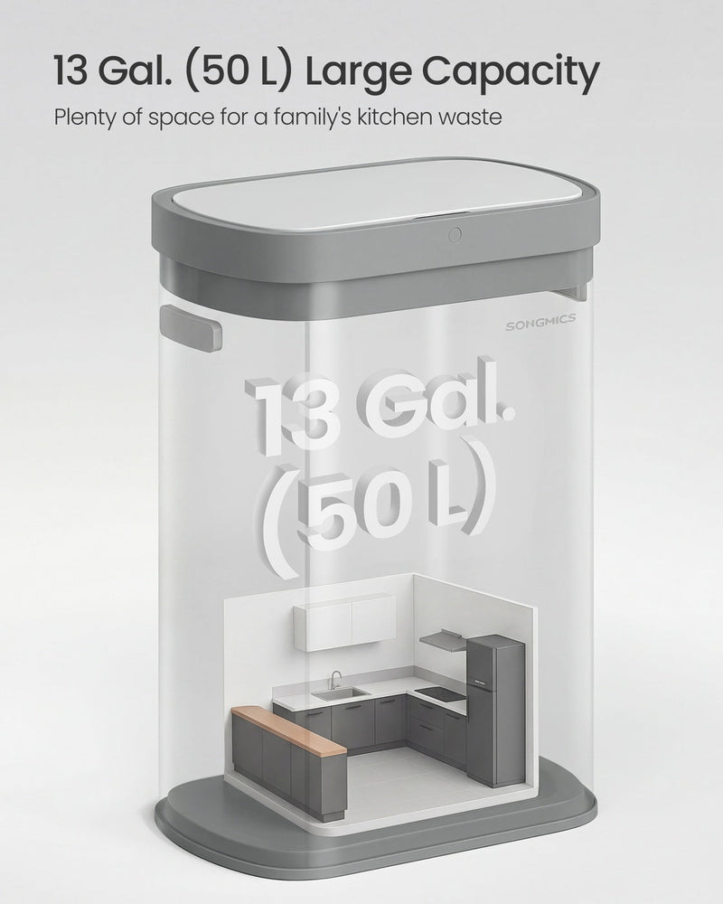 Illustration showing the 50-litre, 13-gallon capacity of the bin against a kitchen scene