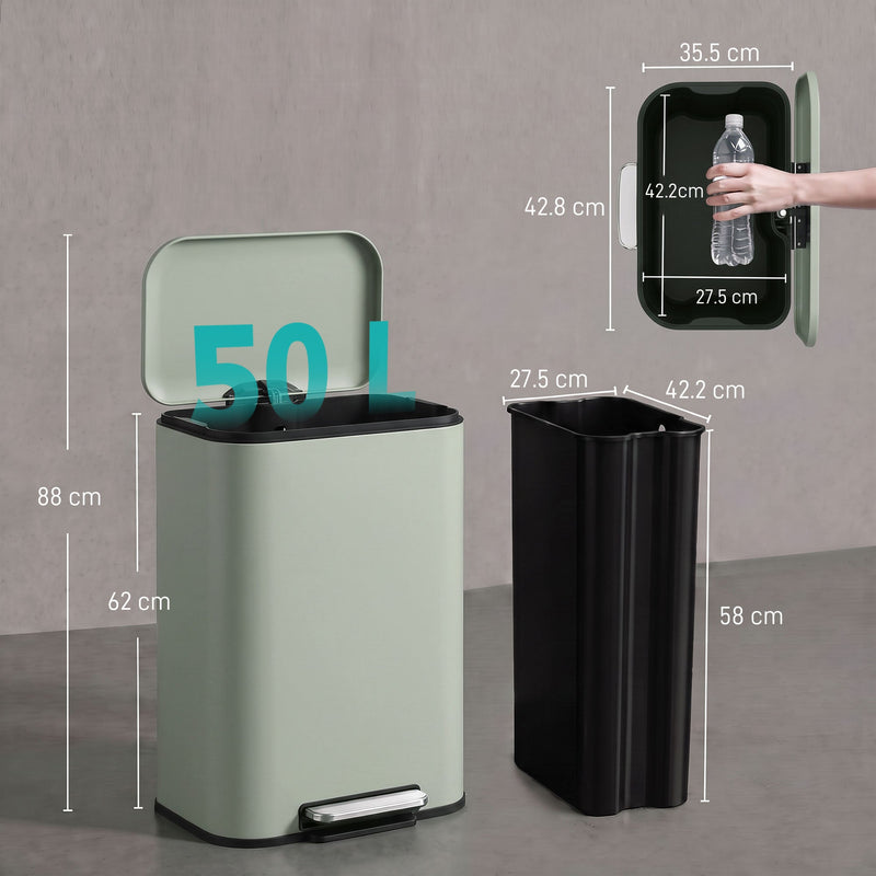 Light green 50L pedal bin dimensions diagram showing lid-open height, body height and inner bucket size