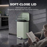 Soft-close lid graphic with a light green pedal bin beside a woman reading on a sofa