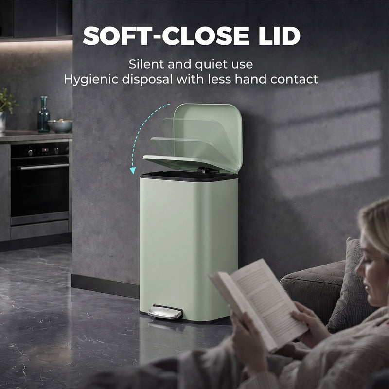 Soft-close lid graphic with a light green pedal bin beside a woman reading on a sofa