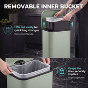 Removable inner bucket graphic showing the bucket lifting out and the bag holder keeping the liner in place