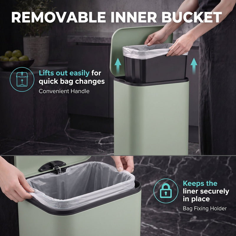 Removable inner bucket graphic showing the bucket lifting out and the bag holder keeping the liner in place
