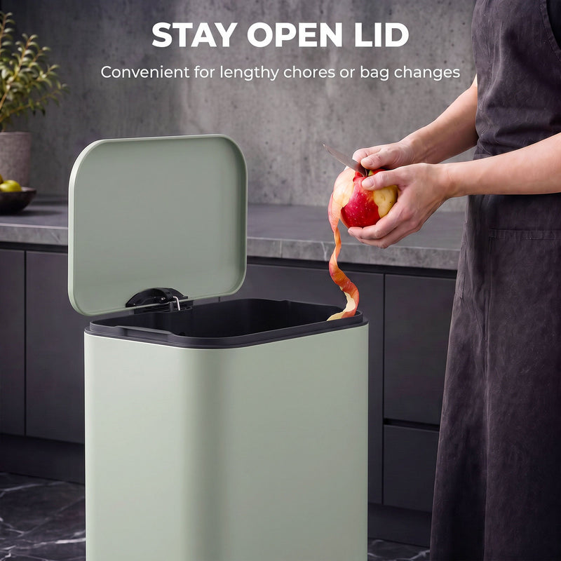 Stay-open lid graphic with a person peeling an apple over an open light green pedal bin