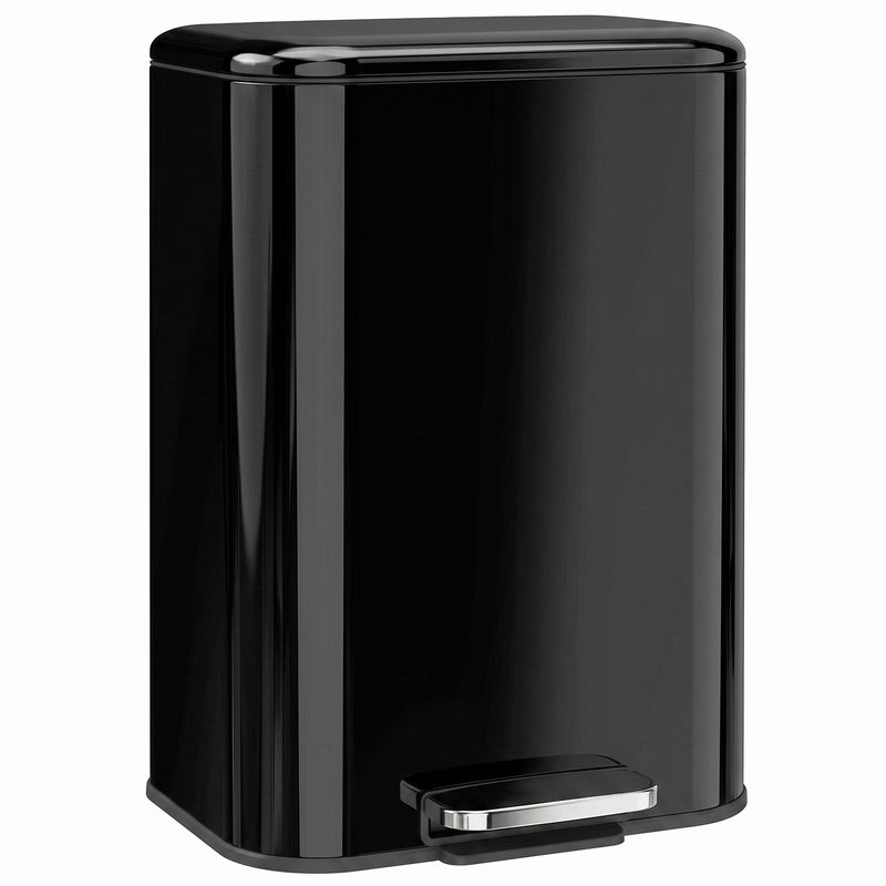 Black 50L steel pedal bin with silver foot pedal on a white background