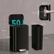 Black 50L pedal bin dimensions diagram showing lid-open height, body height and inner bucket size