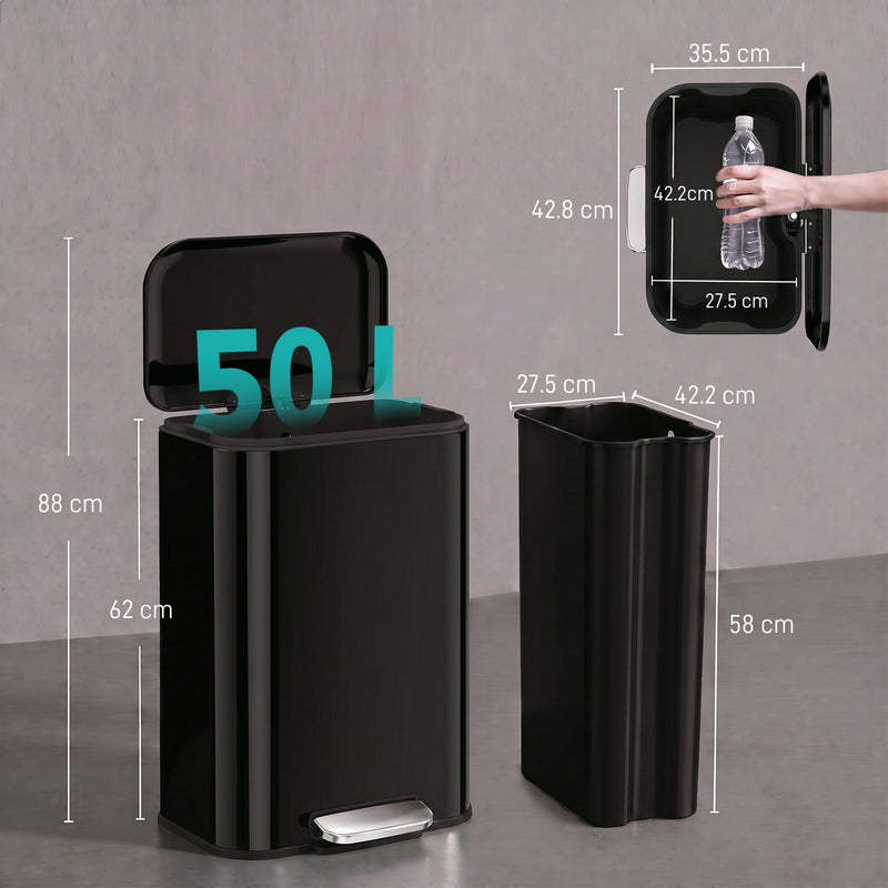 Black 50L pedal bin dimensions diagram showing lid-open height, body height and inner bucket size