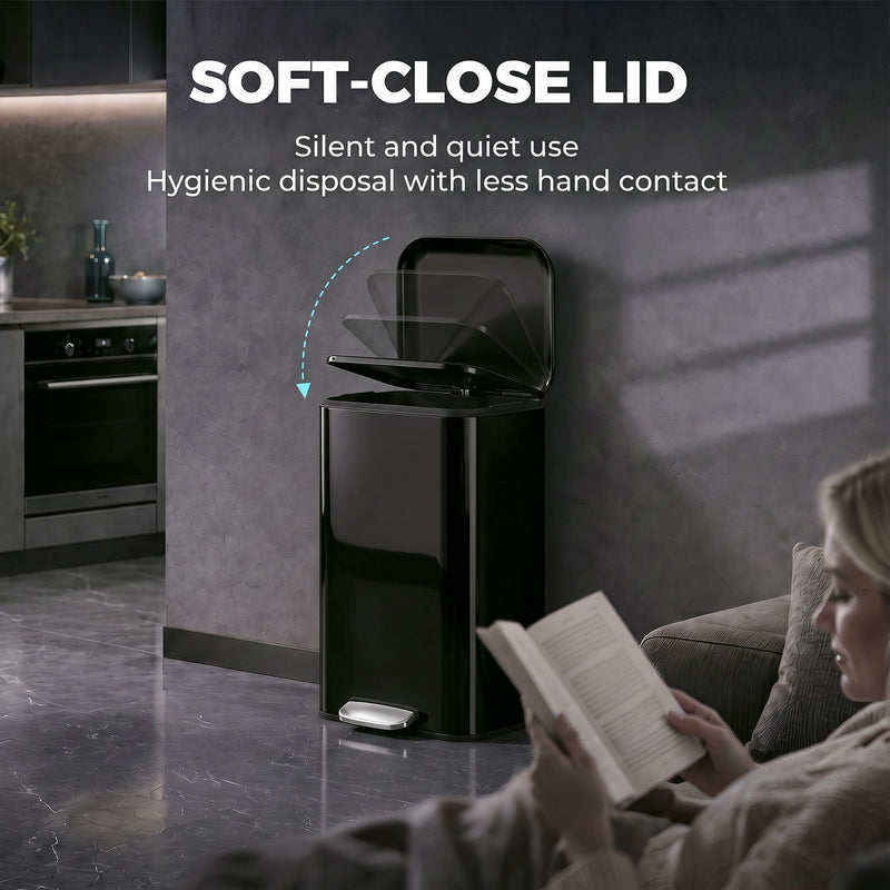 Soft-close lid graphic with a black pedal bin beside a woman reading on a sofa