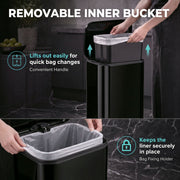 Removable inner bucket graphic showing the bucket lifting out and the bag holder keeping the liner in place