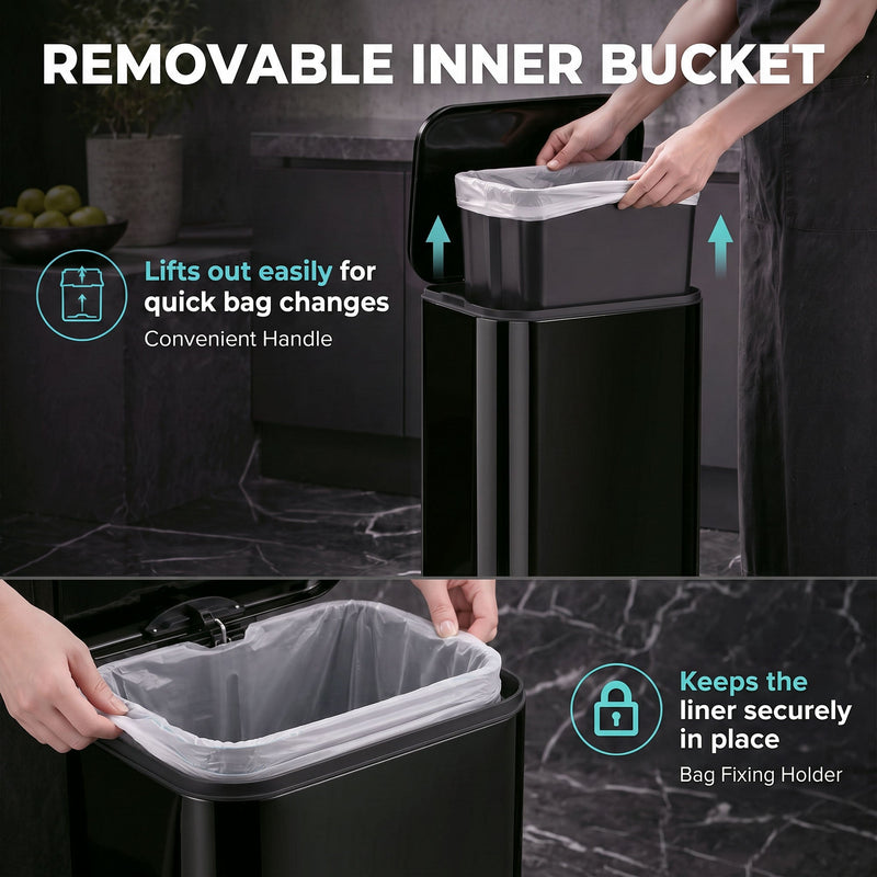 Removable inner bucket graphic showing the bucket lifting out and the bag holder keeping the liner in place