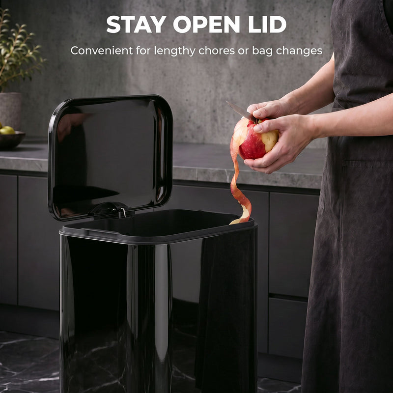 Stay-open lid graphic with a person peeling an apple over an open black pedal bin