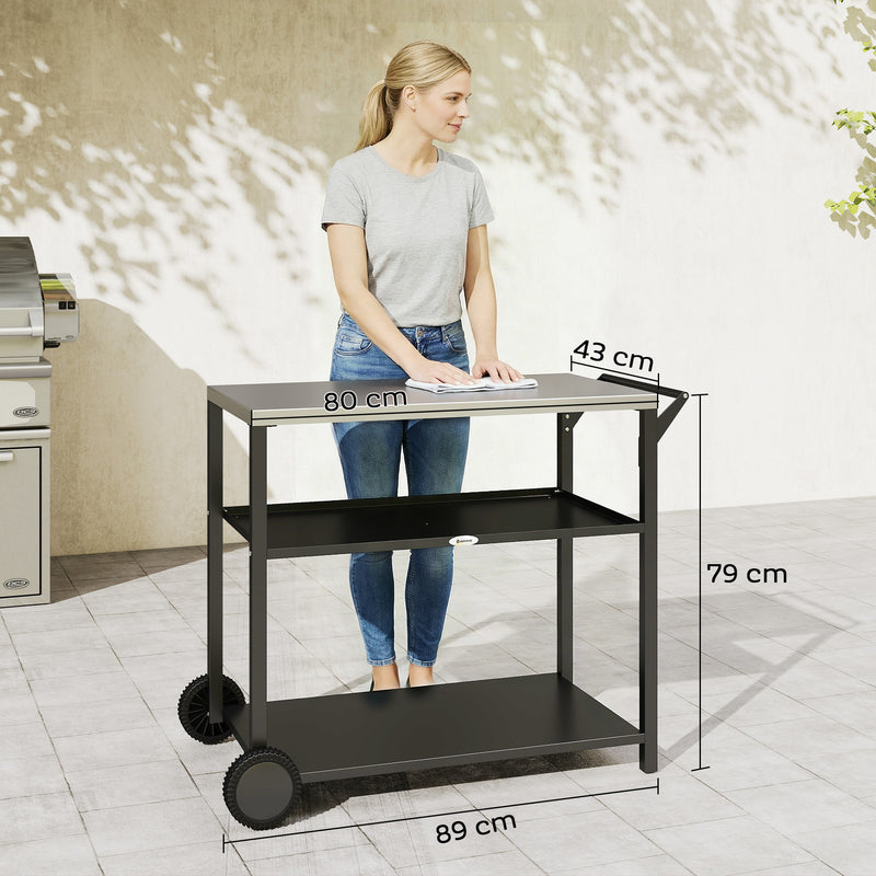 Outdoor BBQ Prep Table with Stainless Steel Top and Shelves for Easy Garden Cooking Black