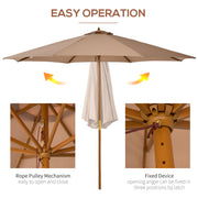 3m Wooden Garden Parasol with 8 Ribs for Outdoor Patio Sun Shade Shelter Khaki AOSOM