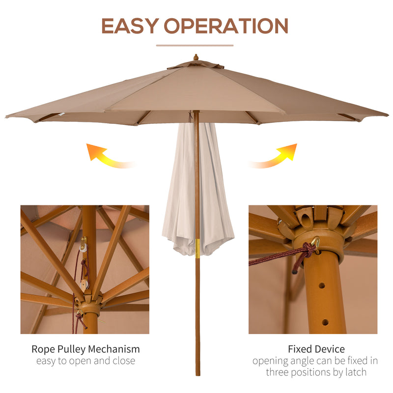 3m Wooden Garden Parasol with 8 Ribs for Outdoor Patio Sun Shade Shelter Khaki AOSOM