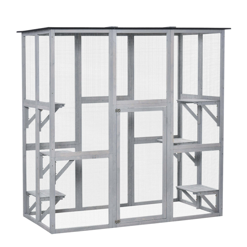 Large Wooden Outdoor Catio Enclosure with Platforms and Roof for Multiple Cats, Natural Wood AOSOM