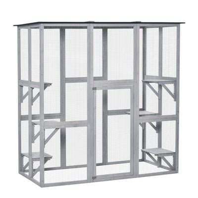 Large Wooden Outdoor Catio Enclosure with Platforms and Roof for Multiple Cats, Natural Wood AOSOM