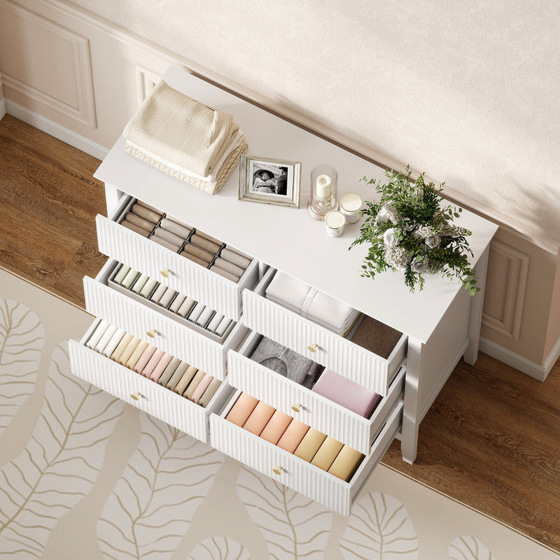 White 6 Drawer Chest of Drawers With Fluted Drawer Fronts and Gold Knobs - 100x40x78cm Homcom