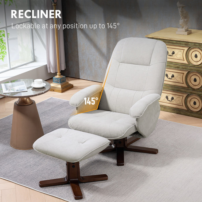 Light Grey Linen Swivel Recliner Chair with Footstool and Wooden Base for Living Room by HOMCOM