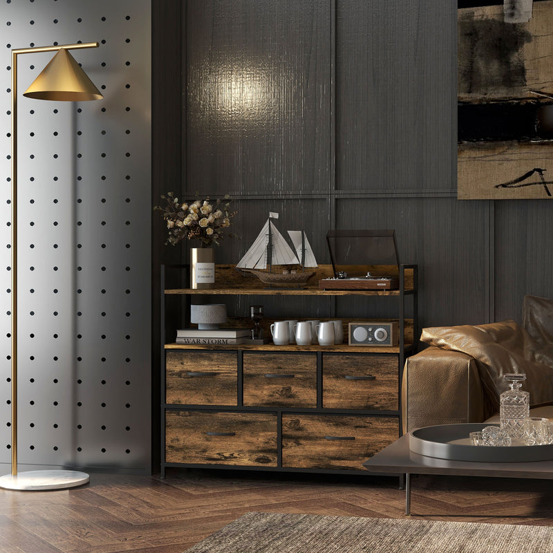 Chest of Five Fabric Drawers with Wood Effect Top for Bedroom or Hallway Rustic Brown