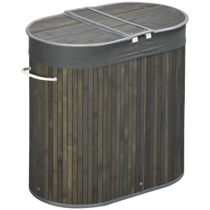 100L Bamboo Laundry Basket with Lid and 2 Sections Removable Lining, Grey