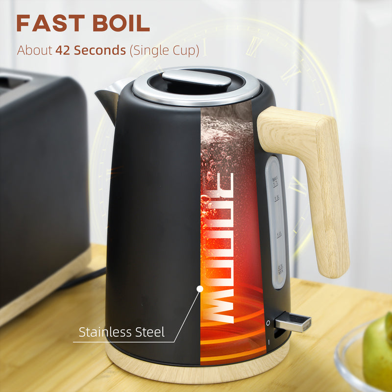 Black Cordless Kettle and Toaster Set 1.7L Fast Boil 3000W with 7 Browning Levels by HOMCOM