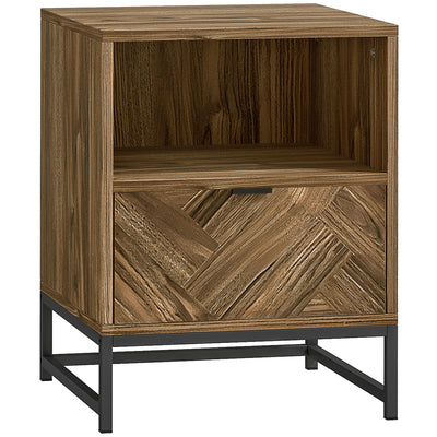 Bedside Table with Drawer and Storage Shelf for Bedroom or Lounge with Steel Legs, Brown