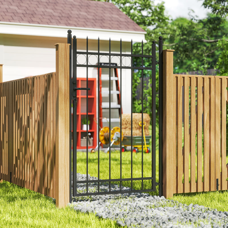 Black Galvanised Steel Garden Gate with Lock and Classic Finials 105 x 204 cm