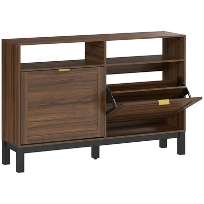 Shoe Storage Cabinet for Narrow Hallways with Flip Drawers and Open Shelves Rustic Brown AOSOM