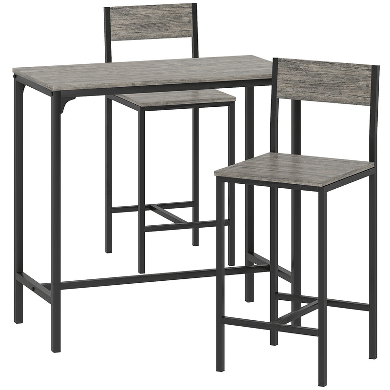 3 Piece Industrial Bar Table Set with Stools and Backrests for Small Dining Areas Grey