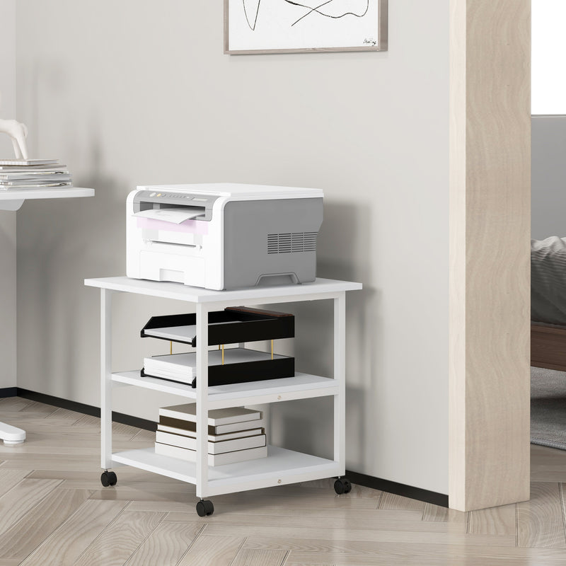 Three Tier Steel Printer Trolley with Lockable Wheels for Home Office Use, White