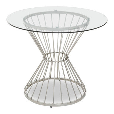 Clear glass round dining table with silver hourglass base, front view